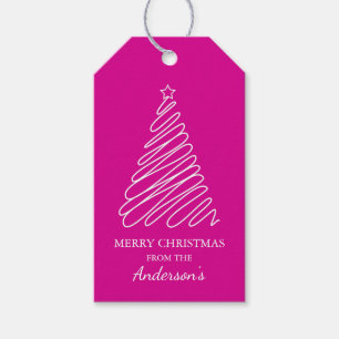 Frohe Weihnachten heiß rosa White Scribble Tree Geschenkanhänger