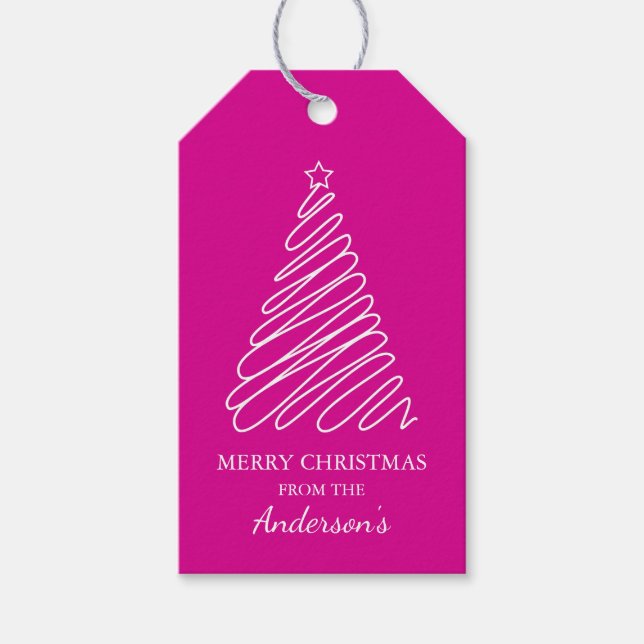 Frohe Weihnachten heiß rosa White Scribble Tree Geschenkanhänger (Vorderseite)