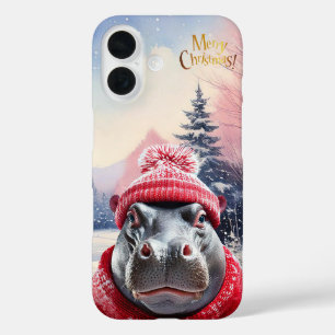 Frohe Weihnachten Hippo Weihnachtsmannmütze und Sc iPhone 16 Hülle
