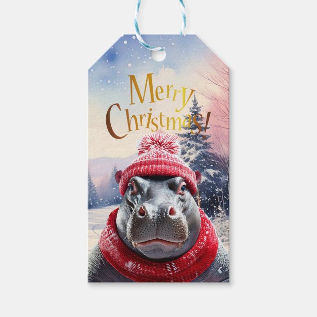 Frohe Weihnachten Hippo Weihnachtsmannmütze und Sc Geschenkanhänger (Vorderseite)