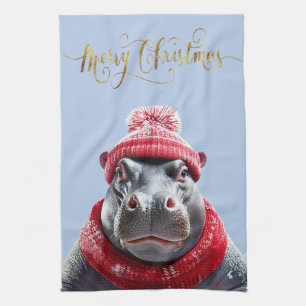 Frohe Weihnachten Hippo Weihnachtsmannmütze und Sc Geschirrtuch