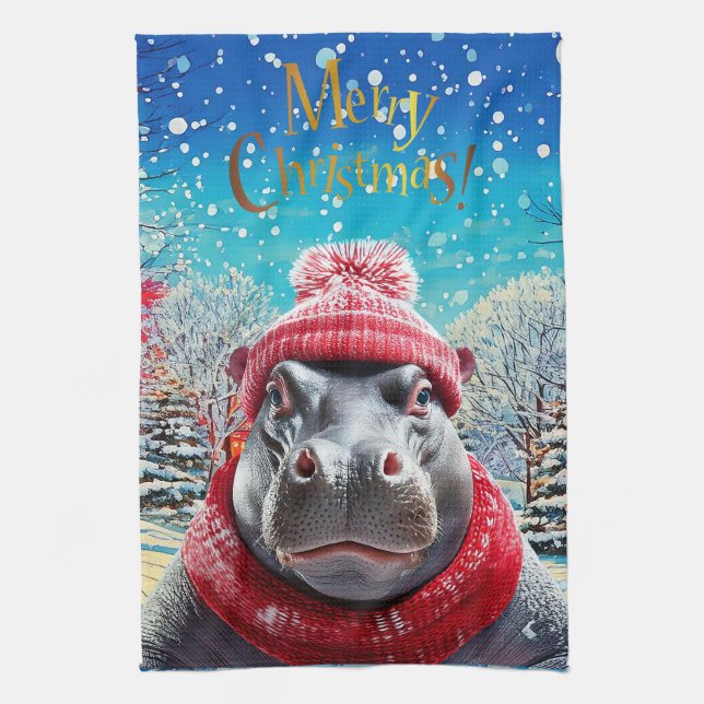 Frohe Weihnachten Hippo Weihnachtsmannmütze und Sc Geschirrtuch (Vertikal)