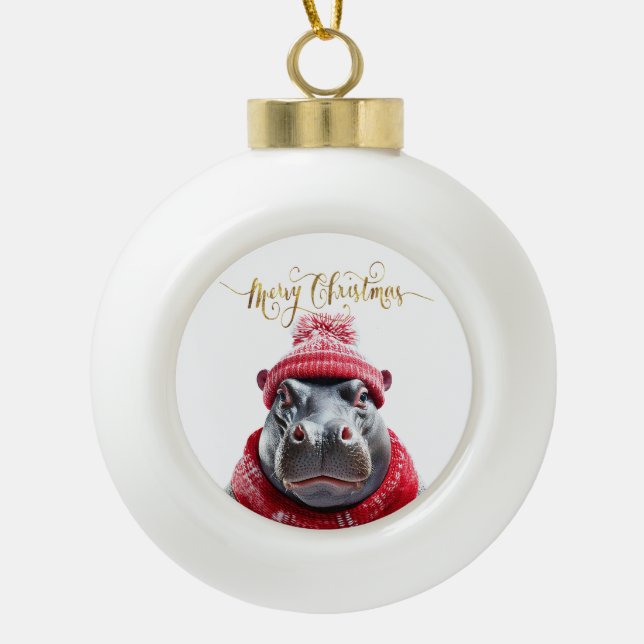 Frohe Weihnachten Hippo Weihnachtsmannmütze und Sc Keramik Kugel-Ornament (Vorderseite)