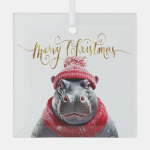 Frohe Weihnachten Hippo Weihnachtsmannmütze und Sc Ornament Aus Glas