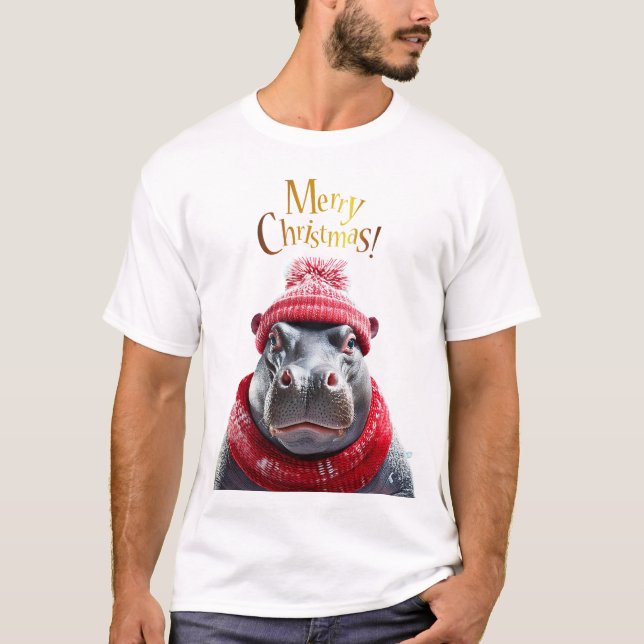 Frohe Weihnachten Hippo Weihnachtsmannmütze und Sc T-Shirt (Vorderseite)