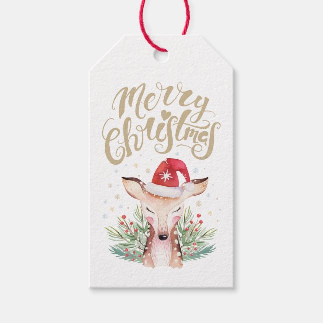 Frohe Weihnachten Hirsch in Weihnachtsmannmütze Geschenkanhänger (Vorderseite)