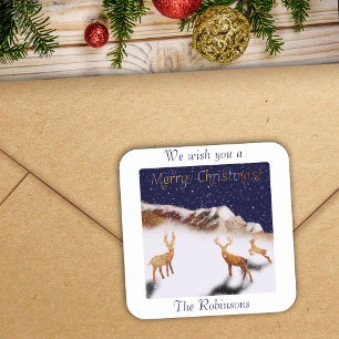 Frohe Weihnachten - Hirsche und Berge im Schnee Quadratischer Aufkleber