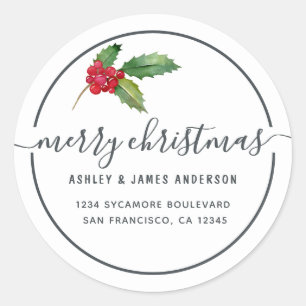 Frohe Weihnachten Holly Berries Neue Adresse Runder Aufkleber
