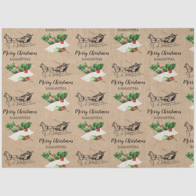 Frohe Weihnachten Holly Berries Winter Kraft Brown Seidenpapier (Vorderseite)