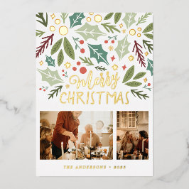 Frohe Weihnachten Holly Berry Foliage Zwei Foto Fo Folien Feiertagskarte