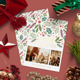 Frohe Weihnachten Holly Berry Foliage Zwei Foto Folien Feiertagskarte