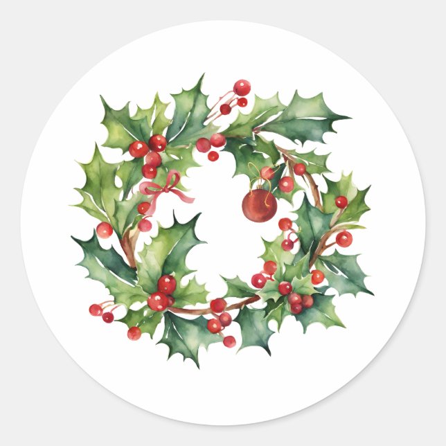 Frohe Weihnachten Holly Berry Wreath Runder Aufkleber (Vorderseite)