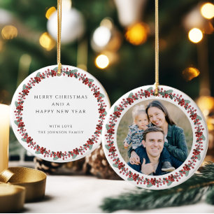 Frohe Weihnachten Holly Botanisches Foto Keramik Ornament