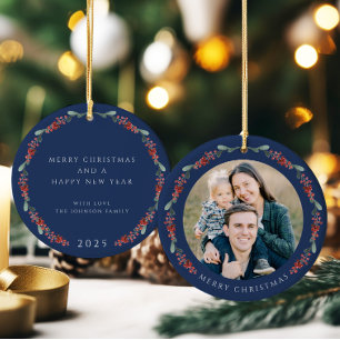 Frohe Weihnachten Holly Botanisches Foto Keramik Ornament