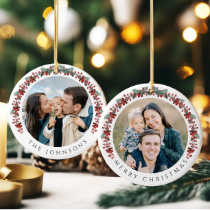 Frohe Weihnachten Holly Botanisches Foto Keramik Ornament