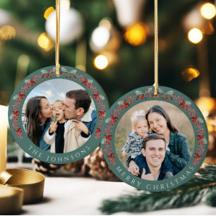 Frohe Weihnachten Holly Botanisches Foto Keramik Ornament