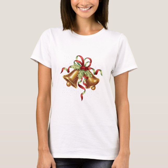 Frohe Weihnachten Holly Golden Bell Red Bow T-Shirt (Vorderseite)