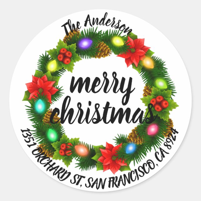 Frohe Weihnachten Holly Wreath Rücksendeadresse Cl Runder Aufkleber (Vorderseite)