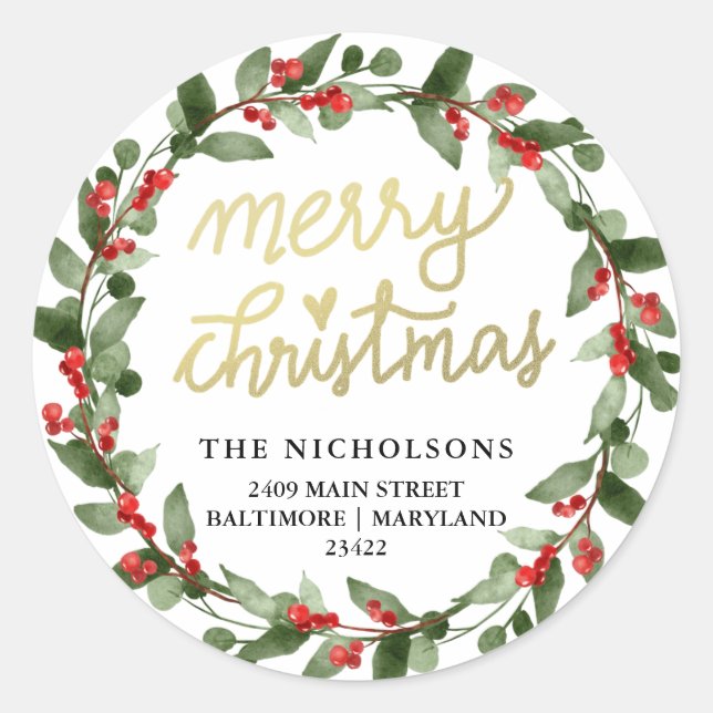 Frohe Weihnachten Holly Wreath | RÜCKSENDEADRESSE Runder Aufkleber (Vorderseite)