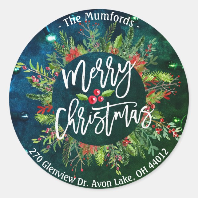 Frohe Weihnachten Holly Wreath-Rücksendeadressen-A Runder Aufkleber (Vorderseite)