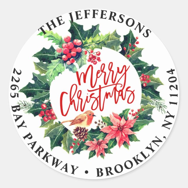 Frohe Weihnachten Holly Wreath-Rücksendeadressen-A Runder Aufkleber (Vorderseite)