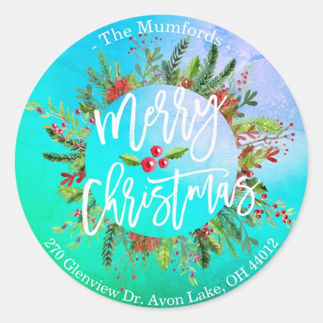 Frohe Weihnachten Holly Wreath-Rücksendeadressen-A Runder Aufkleber (Vorderseite)
