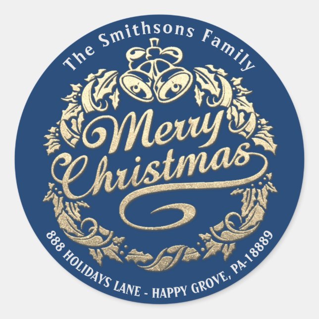 Frohe Weihnachten Holly Wreath UAWG Gold Royal Blu Runder Aufkleber (Vorderseite)