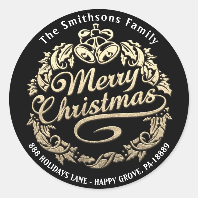 Frohe Weihnachten Holly Wreath UAWG Gold Schwarz-w Runder Aufkleber (Vorderseite)
