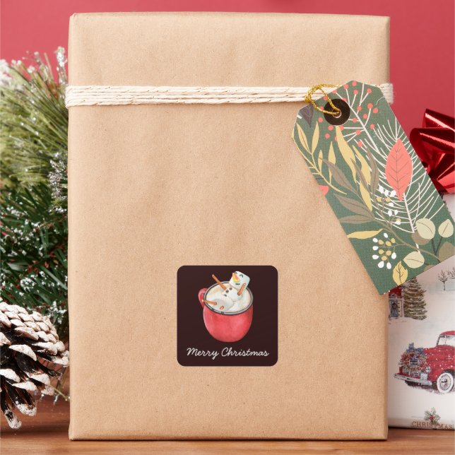 Frohe Weihnachten Hot Cocoa Marshmallow Snowman Quadratischer Aufkleber (Feiertag)