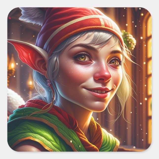 Frohe Weihnachten Hübsch Elf Quadratischer Aufkleber (Vorderseite)