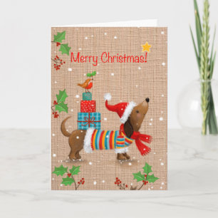 Frohe Weihnachten, Hund mit Geschenken auf seinem  Karte