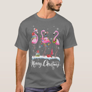 Frohe Weihnachten Hut Santa Flamingo Licht Schnee T-Shirt