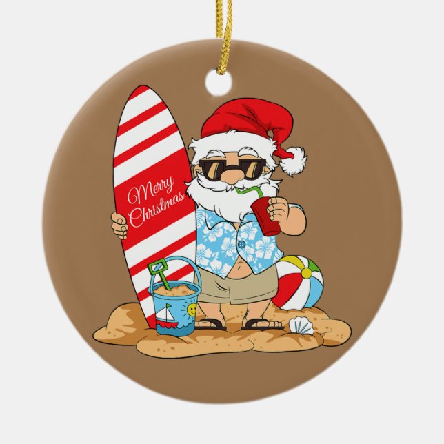 Frohe Weihnachten im Juli Weihnachtsklaus Surfboar Keramik Ornament (Vorne)