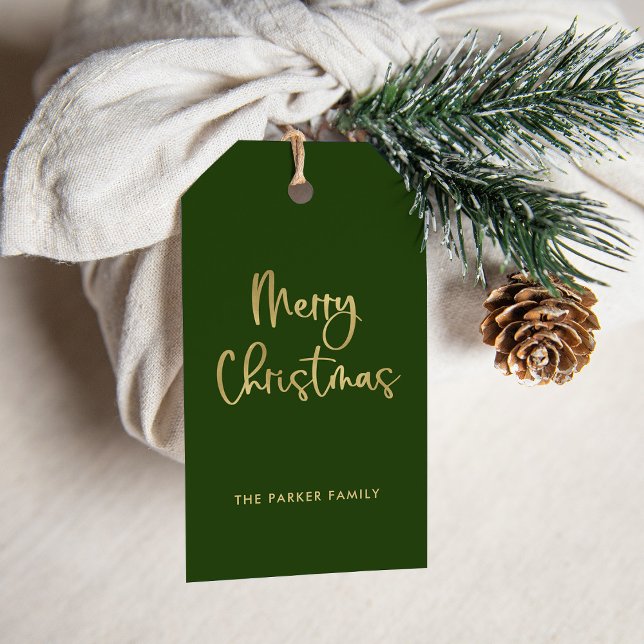 Frohe Weihnachten | Imitate Gold in grüner Lässige Geschenkanhänger (An elegant green Christmas gift tag with faux gold script)