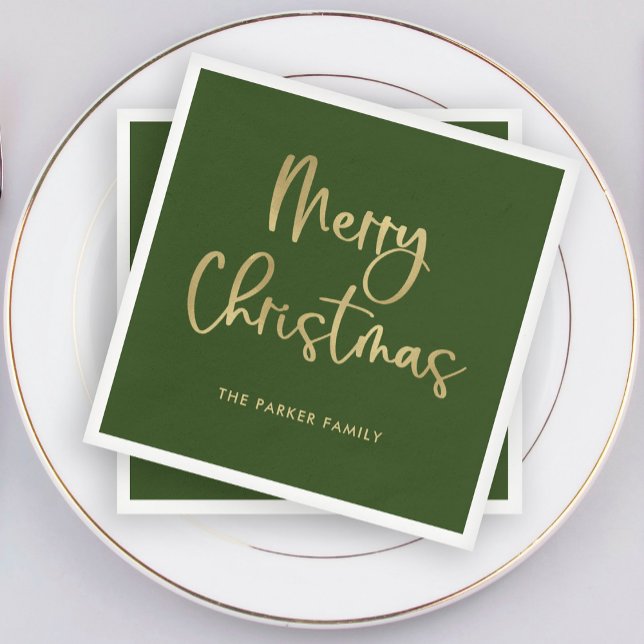 Frohe Weihnachten | Imitate Gold in grüner Lässige Serviette (Elegant green Christmas napkins with faux gold script)