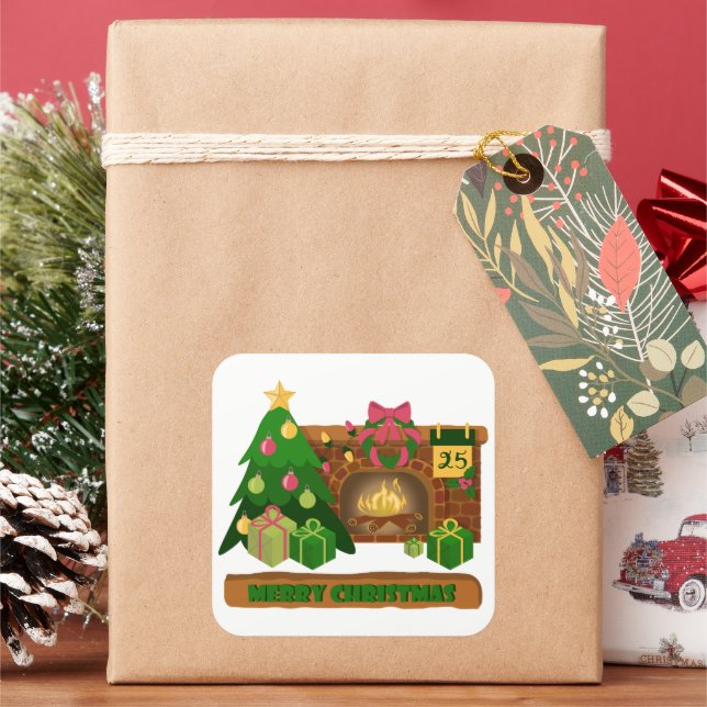 Frohe Weihnachten in der Nähe von Feuerfeuer Weihn Quadratischer Aufkleber (Feiertag)