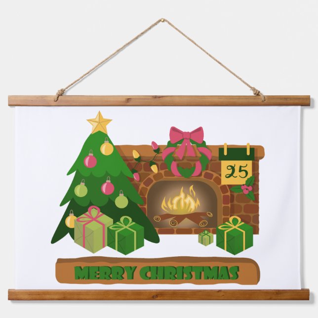 Frohe Weihnachten in der Nähe von Feuerfeuer Weihn Wandteppich Mit Holzrahmen (Vorne)