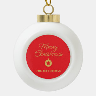 Frohe Weihnachten in hellroten und goldenen Farben Keramik Kugel-Ornament
