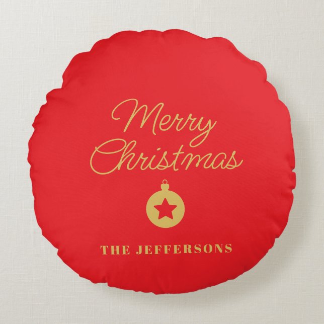 Frohe Weihnachten in hellroten und goldenen Farben Rundes Kissen (Vorderseite)