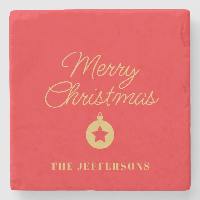 Frohe Weihnachten in hellroten und goldenen Farben Steinuntersetzer (Vorderseite)