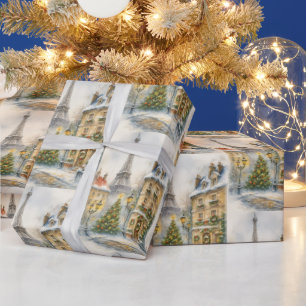 Frohe Weihnachten in Paris Aquarell Eiffelturm Geschenkpapier