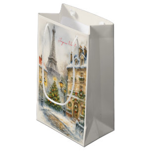 Frohe Weihnachten in Paris Aquarell Eiffelturm Kleine Geschenktüte
