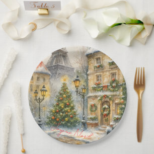 Frohe Weihnachten in Paris Aquarell Eiffelturm  Pappteller