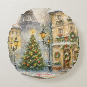 Frohe Weihnachten in Paris Aquarell Eiffelturm Rundes Kissen