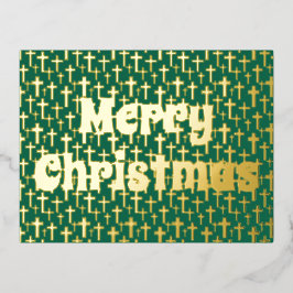 Frohe Weihnachten Jesus Kreuz Retro Typografie grü Folien Feiertagspostkarte