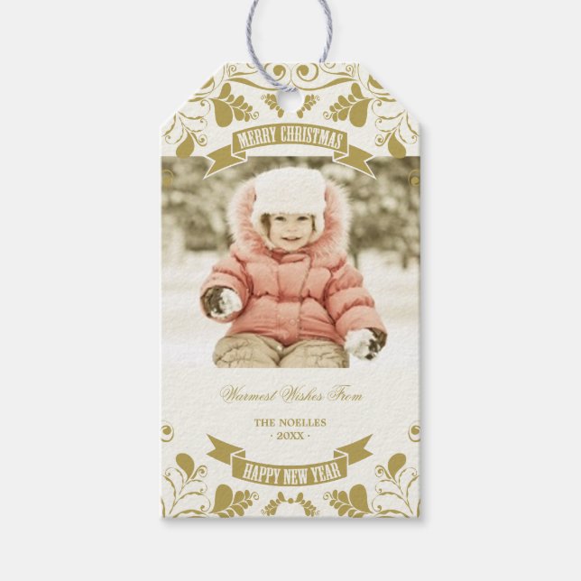 Frohe Weihnachten Jugendstil Floral Geblüht Foto Geschenkanhänger (Vorderseite)