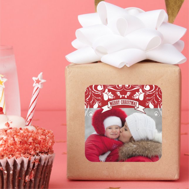 Frohe Weihnachten Jugendstil Floral Geblüht Foto Quadratischer Aufkleber (Party)