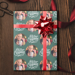 Frohe Weihnachten Kalligrafie Runde Foto Grün Geschenkpapier