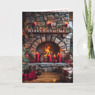 Frohe Weihnachten Kamin Rote Kerzen Zapfen Karte