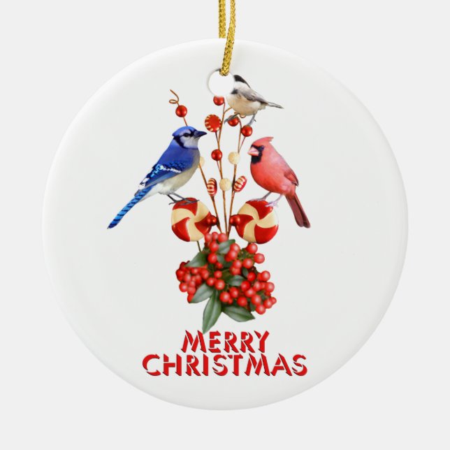 Frohe Weihnachten Kardinal Blue Jay Chickadee Keramik Ornament (Vorne)